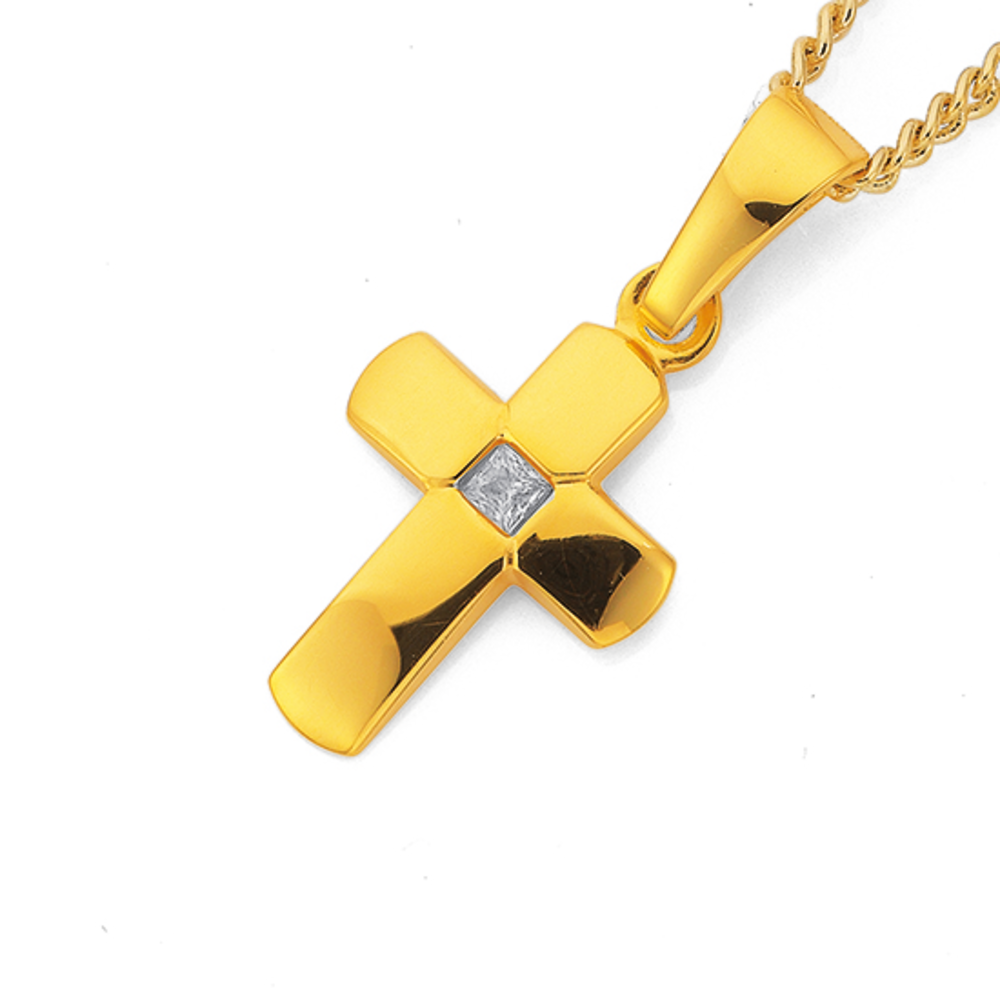 9ct Gold 12mm CZ Rounded Cross Pendant