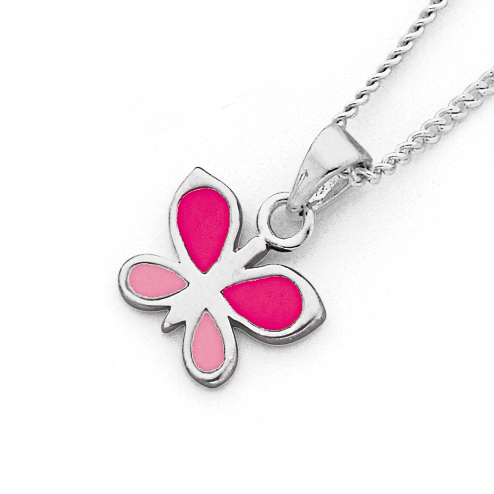 Silver Pink Enamel Butterfly Pendant