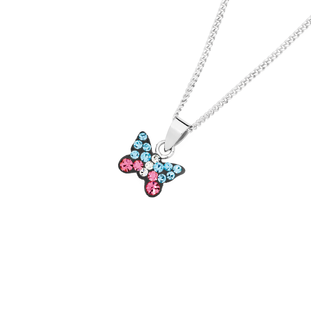 Silver Crystal Aqua & Rose Butterfly Pendant