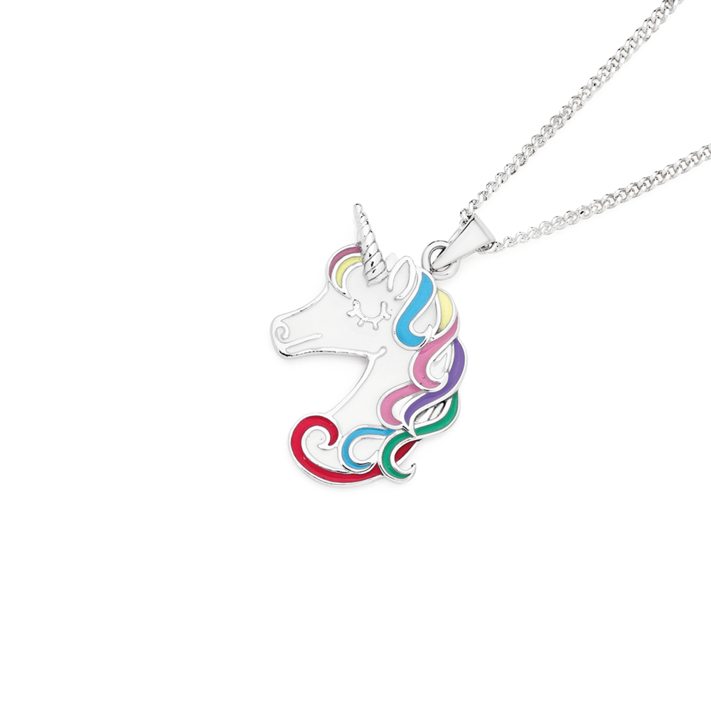 Silver Multi-Colour Enamel Unicorn Head Pendant
