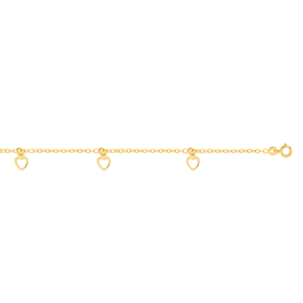 9ct Gold 14cm Triple Open Heart Solid Trace Bracelet