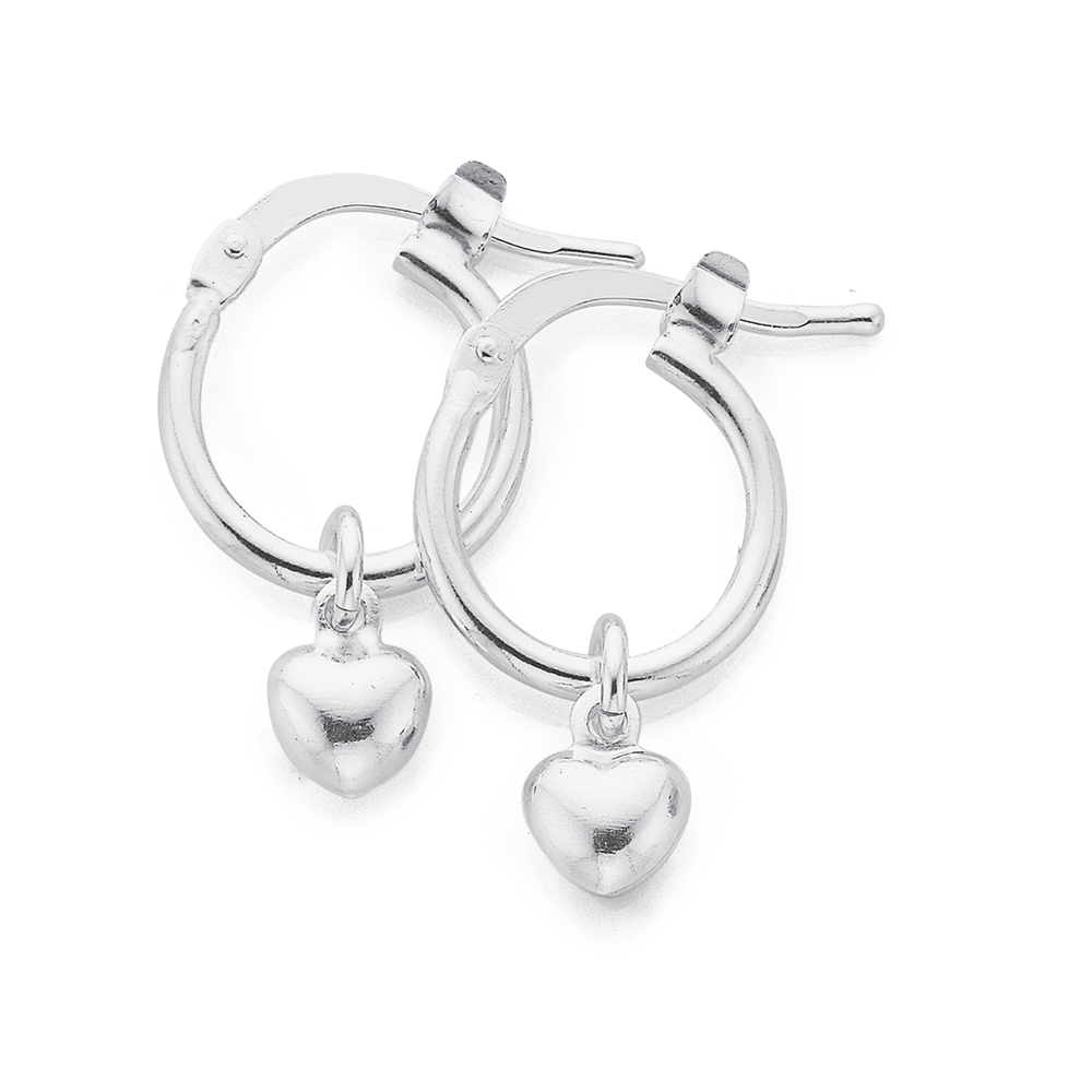 Silver Heart Drop On Hoop Earrings