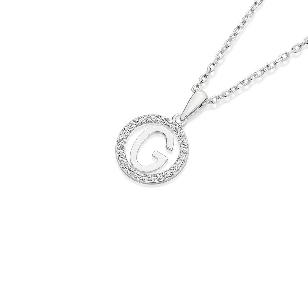 Silver Initial G in CZ Round Pendant