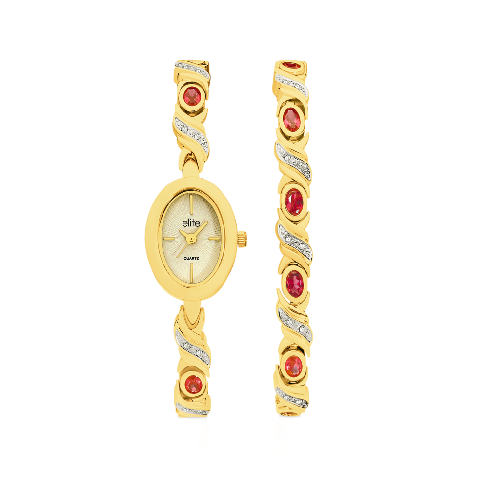 Elite Ladies Ruby Watch & Bracelet Set