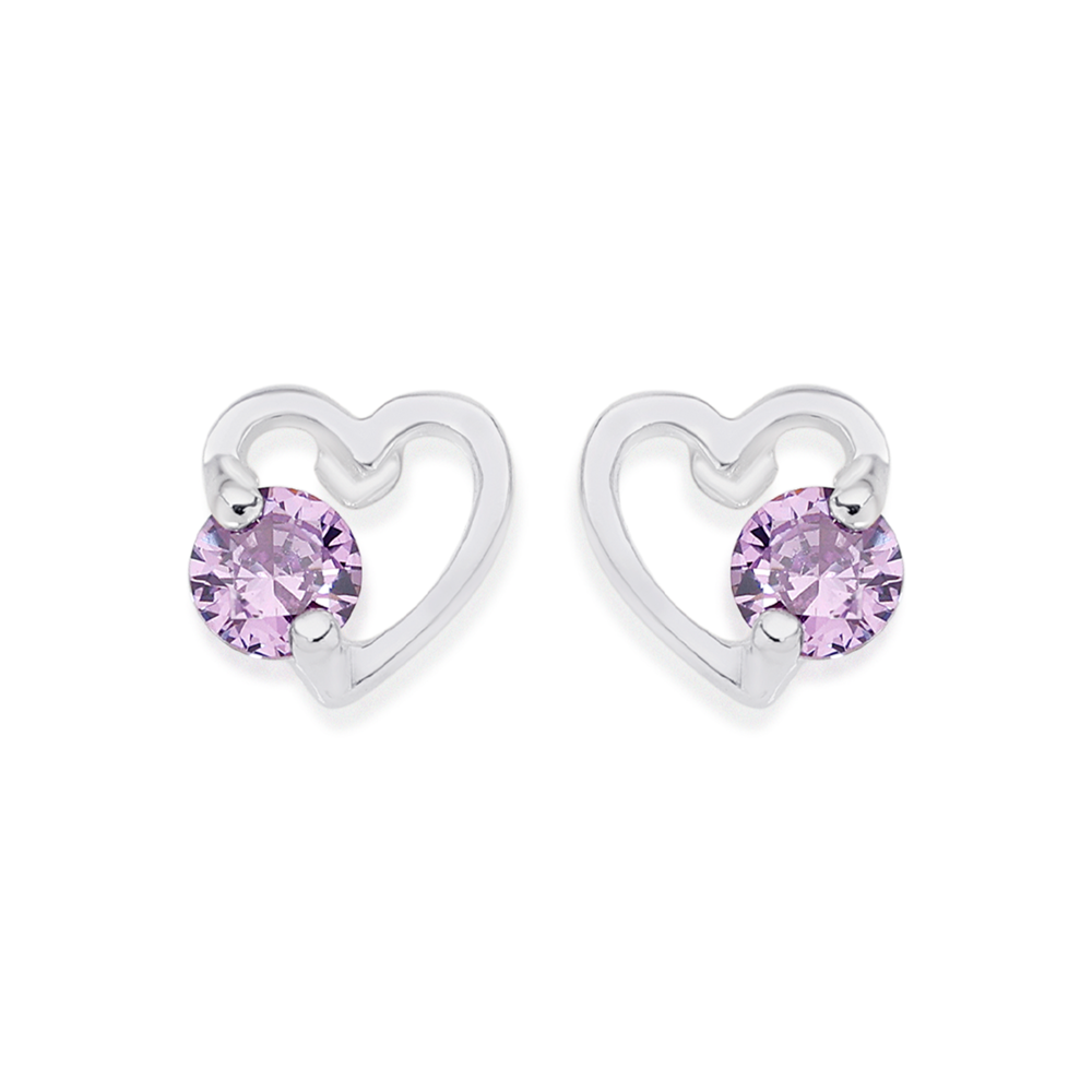 Silver Violet Cubic Zirconia Open Heart Stud Earrings