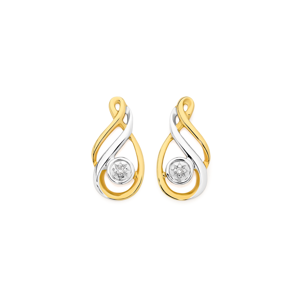 9ct Gold Diamond Double Swirl Pear Stud Earrings
