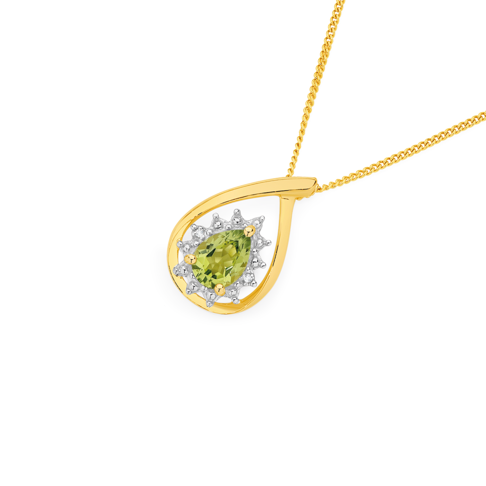9ct Gold Peridot & Diamond Pear Cut Pendant