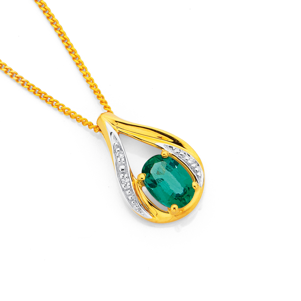 9ct Gold Created Emerald & Diamond Slider Pendant