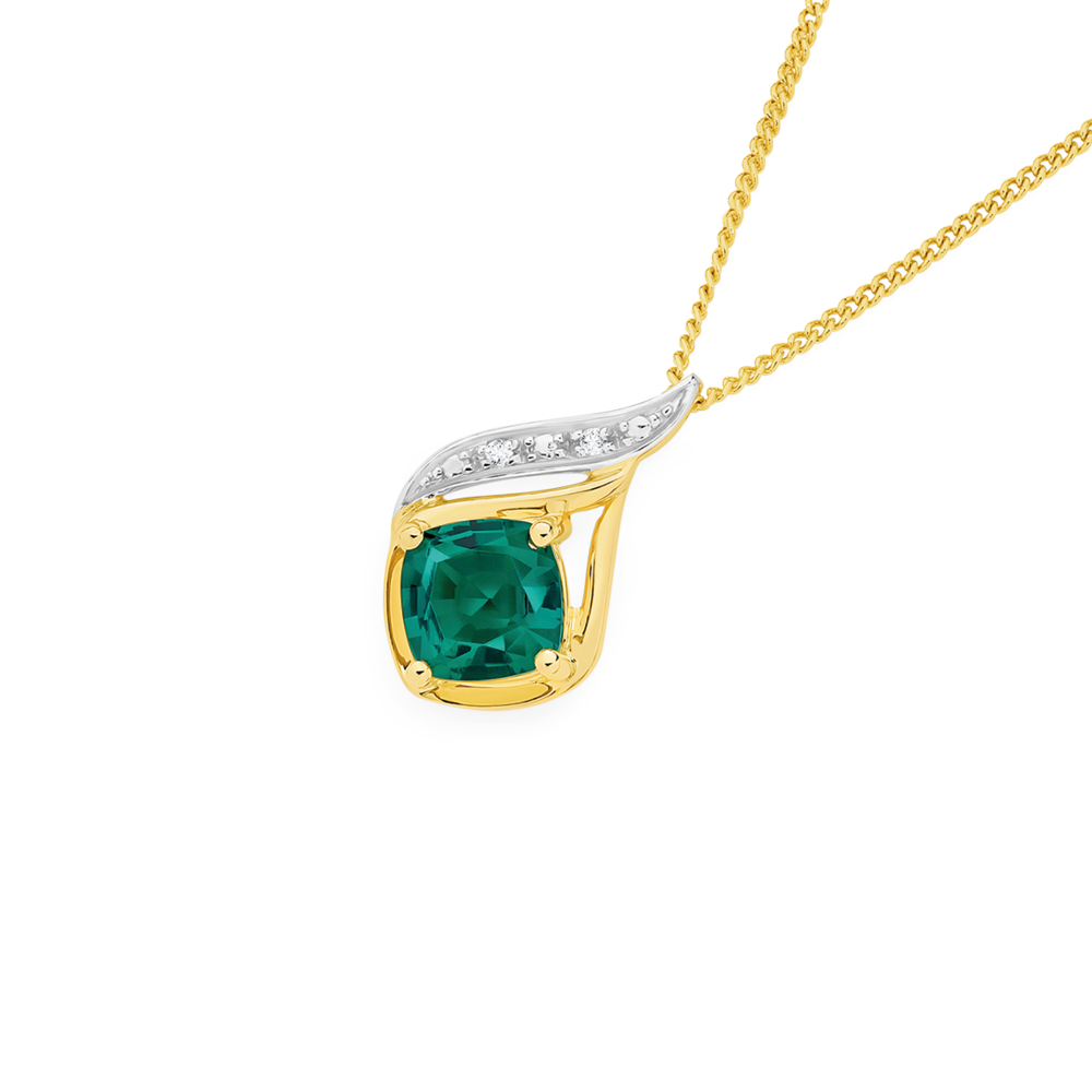 9ct Gold Created Emerald & Diamonds Slider Pendant