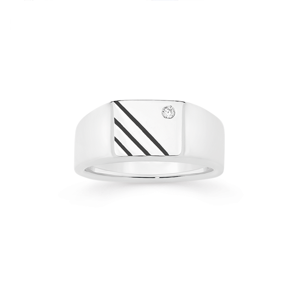 Silver CZ Black Striped Signet Ring